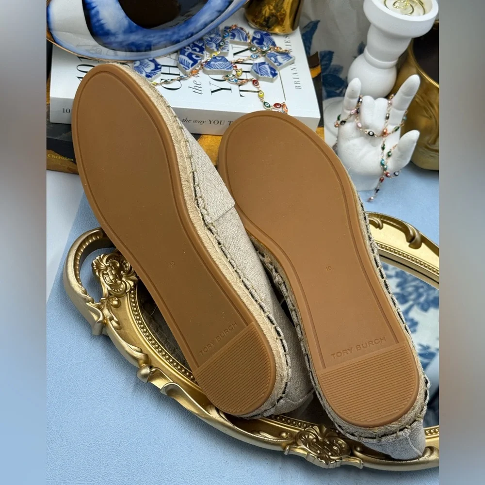 🆕 TORY BURCH 🧿 NWOB Ines Linen & Leather Bejewelled Espadrilles - Sz 10 M